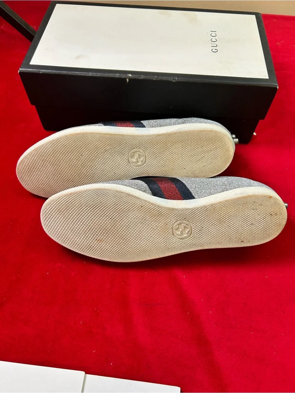 Gucci Silver Glitter Low-Top Sneakers with Red & Blue Web Stripe